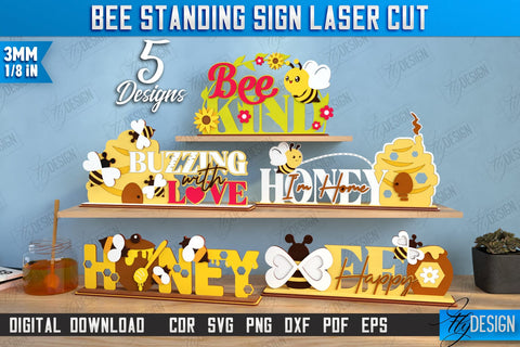 Bee Standing Signs with Elements Laser Cut Bundle | Honey Comb | Summer Design | CNC Files SVG Fly Design 