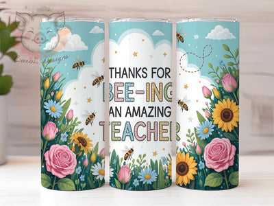 Bee Thankful Teacher Tumbler Wrap, Bee Thank You Teacher PNG, Wildflower Teacher Sublimation, 20oz Skinny Tumbler Design, Bee Themed Teacher Gift, Floral Teacher Wrap Design Sublimation Lara' s Designs 