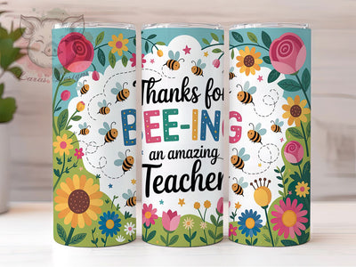 Bee Thankful Teacher Tumbler Wrap, Bee Thank You Teacher PNG, Wildflower Teacher Sublimation, 20oz Skinny Tumbler Design, Bee Themed Teacher Gift, Floral Teacher Wrap Design Sublimation Lara' s Designs 