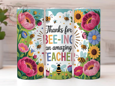 Bee Thankful Teacher Tumbler Wrap, Bee Thank You Teacher PNG, Wildflower Teacher Sublimation, 20oz Skinny Tumbler Design, Bee Themed Teacher Gift, Floral Teacher Wrap Design Sublimation Lara' s Designs 