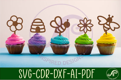 Bee theme cupcake toppers, 6 designs SVG laser cut SVG APInspireddesigns 