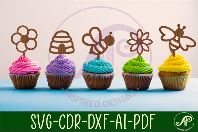 Bee theme cupcake toppers, 6 designs SVG laser cut SVG APInspireddesigns 