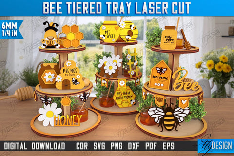 Bee Tiered Tray Laser Cut Bundle | Round Stand with Elements | Honey Comb | Dessert Tiered Tray | CNC Files SVG Fly Design 