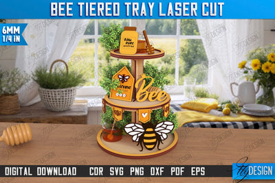 Bee Tiered Tray Laser Cut | Round Stand with Elements | Honey Comb | Dessert Tiered Tray | CNC File SVG Fly Design 