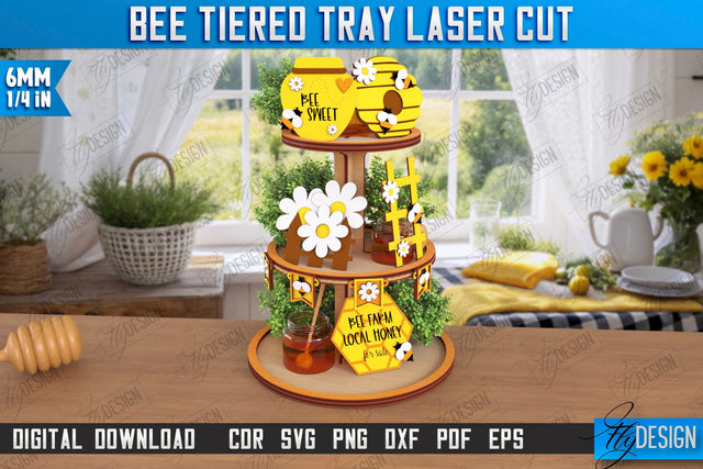 Bee Tiered Tray Laser Cut | Round Stand with Elements | Honey Comb | Dessert Tiered Tray | CNC File SVG Fly Design 