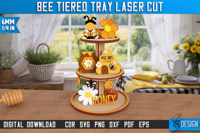 Bee Tiered Tray Laser Cut | Round Stand with Elements | Honey Comb | Dessert Tiered Tray | CNC File SVG Fly Design 