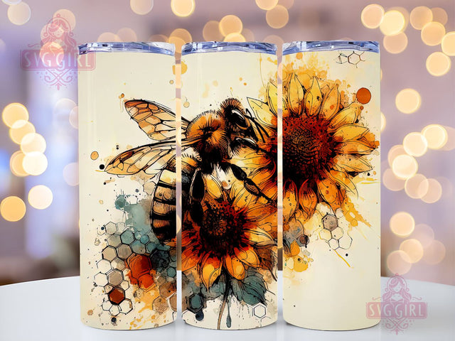 Bee Tumbler Sublimation Design, Honey Bee Sunflowers 20oz Skinny Tumbler Wraps Templates PNG Digital Download Sublimation SvggirlplusArt 