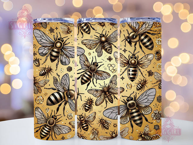 Bee Tumbler Wrap, Gold And Leopard Glitter 20oz Tumbler Wrap PNG Download, Bee Tumbler Sublimation Design, Honey Bee Sunflowers 20oz Skinny Tumbler Wraps Sublimation SvggirlplusArt 