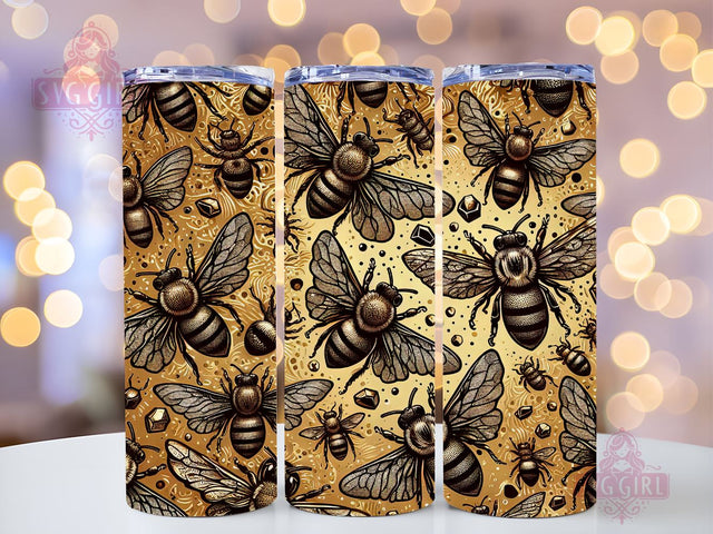 Bee Tumbler Wrap, Gold And Leopard Glitter 20oz Tumbler Wrap PNG Download, Bee Tumbler Sublimation Design, Honey Bee Sunflowers 20oz Skinny Tumbler Wraps Sublimation SvggirlplusArt 