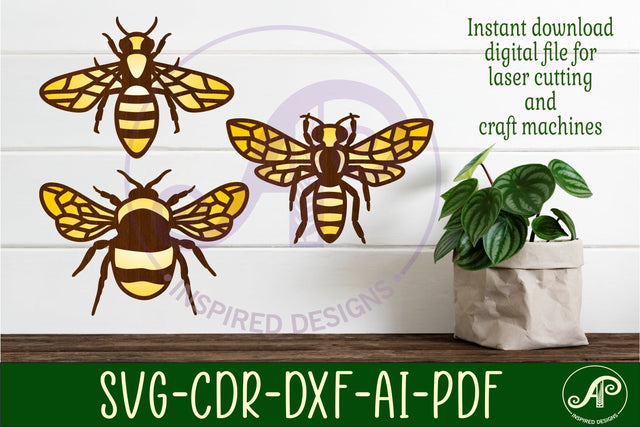 Bee two layer wall design silhouettes laser cut shapes x 3 SVG APInspireddesigns 