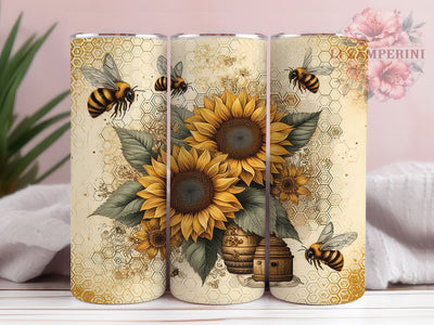 Bee & Vintage Sunflower Rustic Tumbler, Vintage Sunflower Design, 20oz Sublimation Wrap, Floral Tumbler Wrap, Sunflower Tumbler Design, Printable Bee Art, Rustic Floral Wrap Sublimation Li Zamperini 