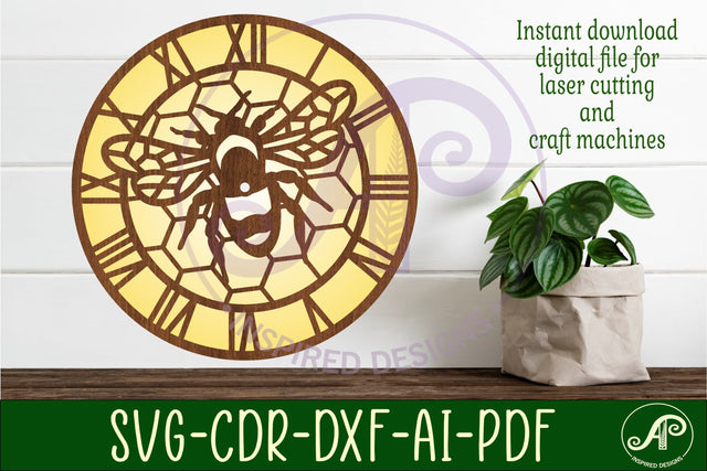 Bee wall clock laser cut files, SVG file. vector SVG APInspireddesigns 