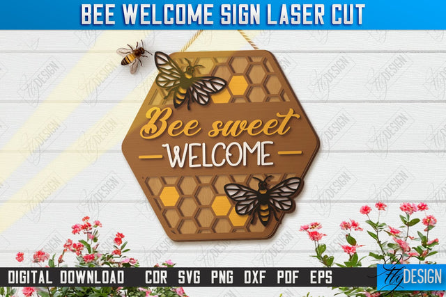 Bee Welcome Sign Laser Cut | Summer Front Door Decor | Welcome Sign | CNC File SVG Fly Design 