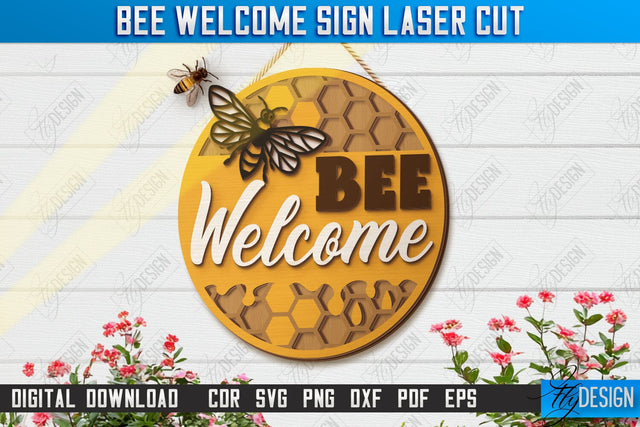 Bee Welcome Sign Laser Cut | Summer Front Door Decor | Welcome Sign | CNC File SVG Fly Design 