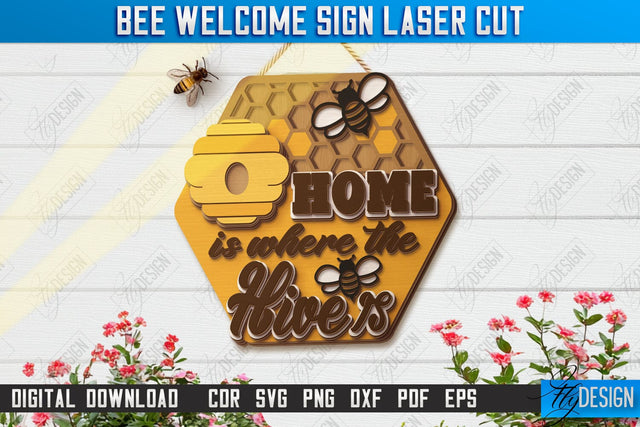 Bee Welcome Sign Laser Cut | Summer Front Door Decor | Welcome Sign | CNC File SVG Fly Design 