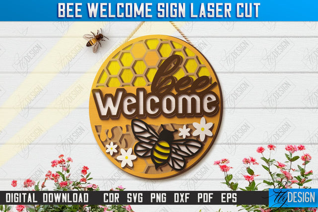 Bee Welcome Sign Laser Cut | Summer Front Door Decor | Welcome Sign | CNC File SVG Fly Design 