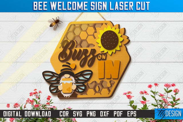 Bee Welcome Sign Laser Cut | Summer Front Door Decor | Welcome Sign | CNC File SVG Fly Design 