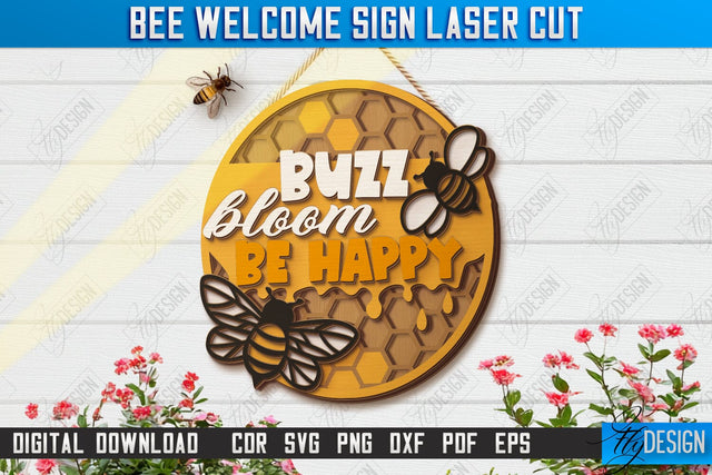 Bee Welcome Sign Laser Cut | Summer Front Door Decor | Welcome Sign | CNC File SVG Fly Design 