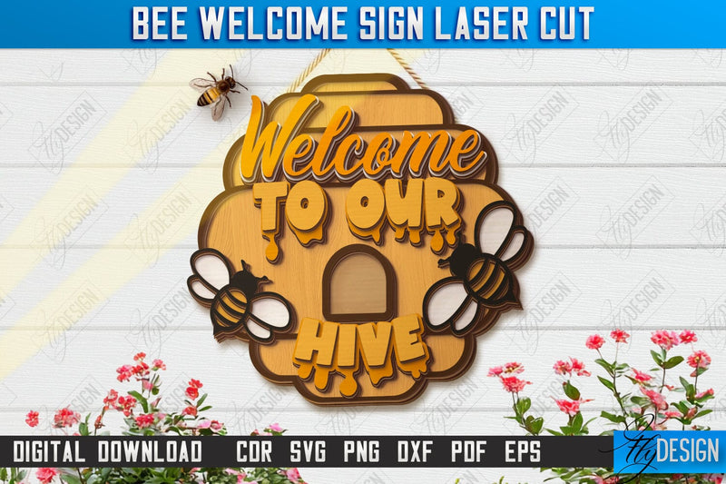 Bee Welcome Sign Laser Cut | Summer Front Door Decor | Welcome Sign | CNC File SVG Fly Design 