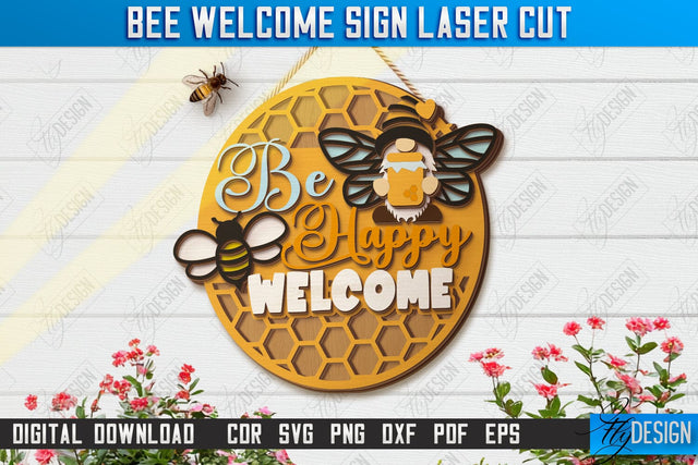 Bee Welcome Sign Laser Cut | Summer Front Door Decor | Welcome Sign | CNC File SVG Fly Design 