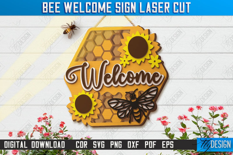 Bee Welcome Sign Laser Cut | Summer Front Door Decor | Welcome Sign | CNC File SVG Fly Design 