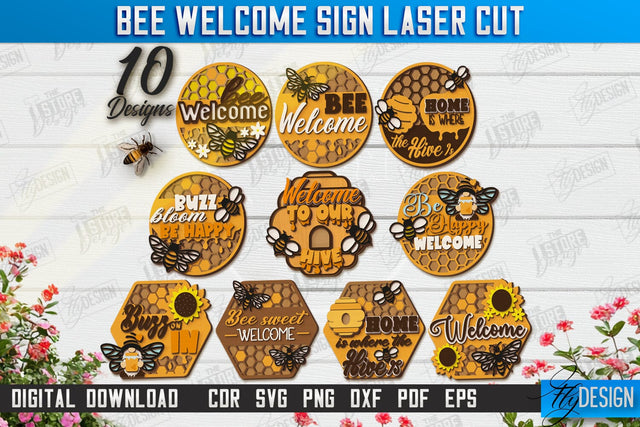 Bee Welcome Signs Laser Cut Bundle | Summer Front Door Decor | Welcome Sign | CNC Files SVG Fly Design 