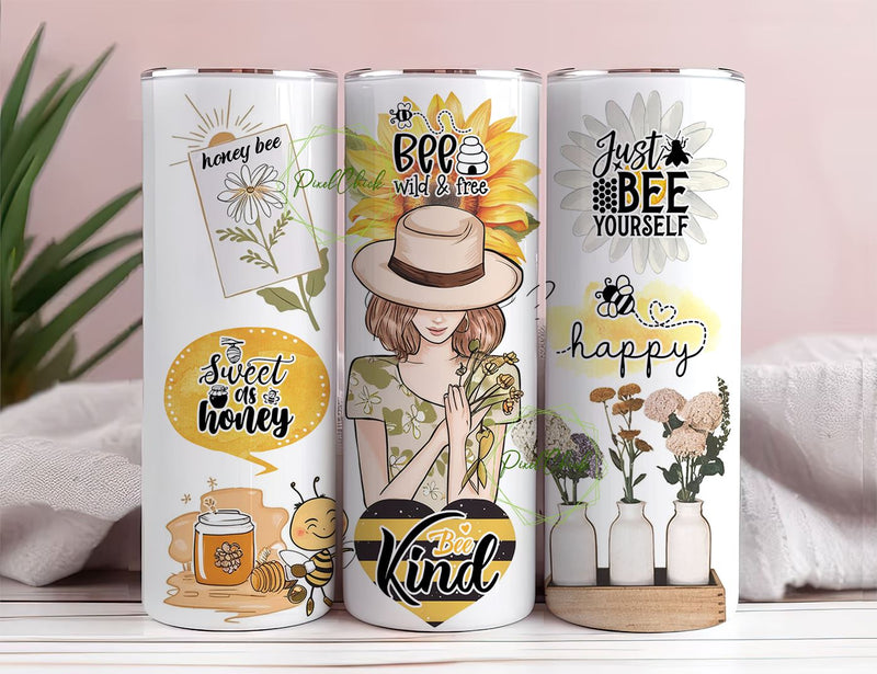 Bee Wild and Free Girl Inspiration 20oz Skinny Tumbler Wrap PNG Positive Motivation Self Love Sublimation Designs Sublimation PixelChick 