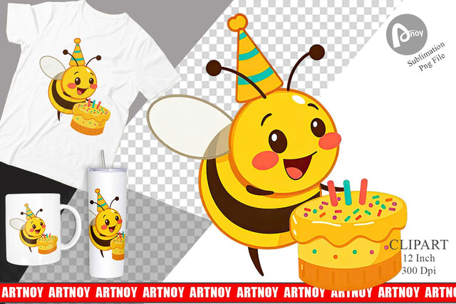 Bee with Birthday Cake Clipart Sublimation artnoy 
