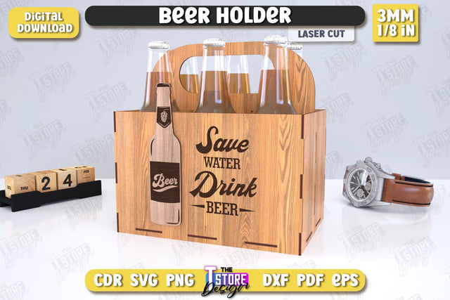 Beer Holder Laser Cut | Wooden Beer Caddy | Beer Bottle Holder | Beer Basket | CNC File SVG The T Store Design 