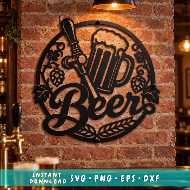 Beer Sign Laser SVG | Beer Mug DXF | Brewery Metal Art | Bar Wall Decor Svg | Hops CNC File | Plasma Cut Design SVG HappyDesignStudio 