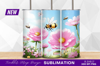 Bees flying over pink flowers under blue sky Sublimation Regulrcrative 