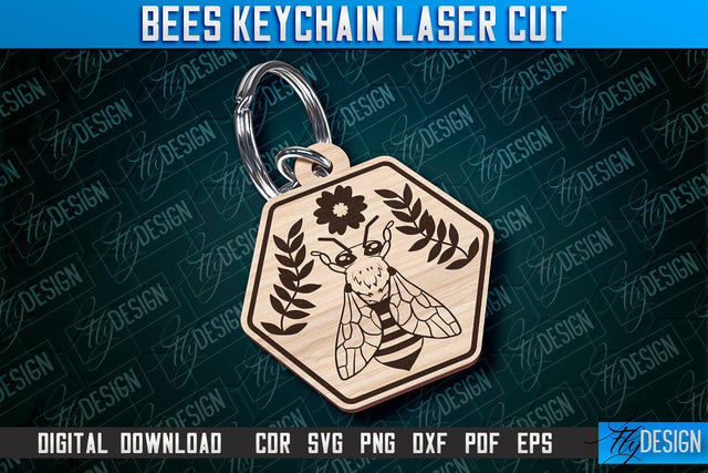 Bees Keychain Design | Keychain Laser Cut Design | CNC File SVG Fly Design 