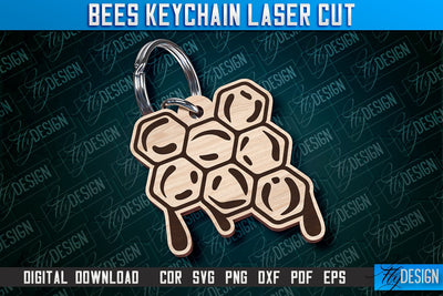 Bees Keychain Design | Keychain Laser Cut Design | CNC File SVG Fly Design 