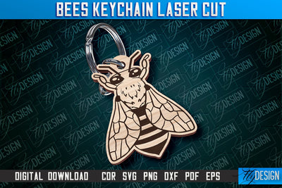 Bees Keychain Design | Keychain Laser Cut Design | CNC File SVG Fly Design 