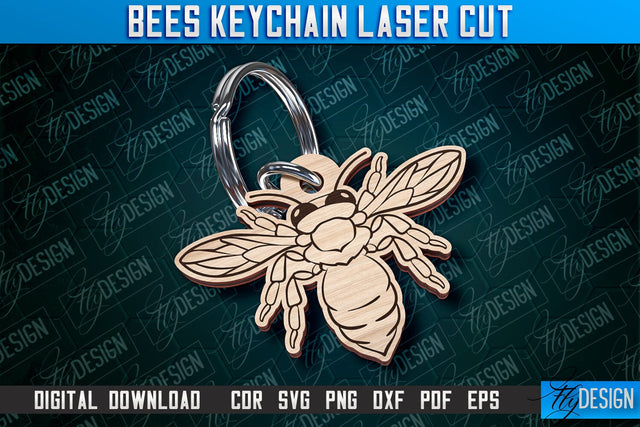 Bees Keychain Design | Keychain Laser Cut Design | CNC File SVG Fly Design 