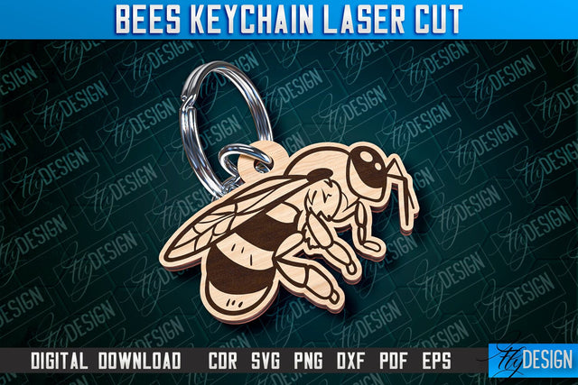 Bees Keychain Design | Keychain Laser Cut Design | CNC File SVG Fly Design 
