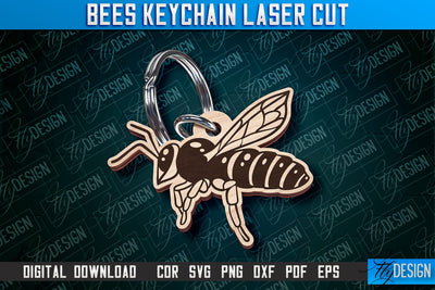 Bees Keychain Design | Keychain Laser Cut Design | CNC File SVG Fly Design 