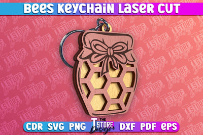 Bees Keychain Design | Keychain Laser Cut Design | CNC File SVG The T Store Design 