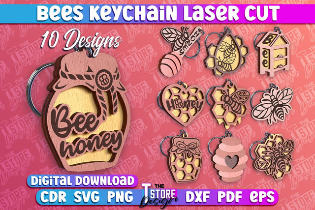 Bees Keychain Design | Keychain Laser Cut Design | CNC File SVG The T Store Design 