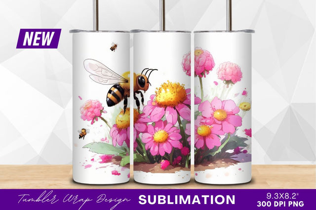 Bees pollinating pink flowers tumbler png artwork Sublimation Regulrcrative 
