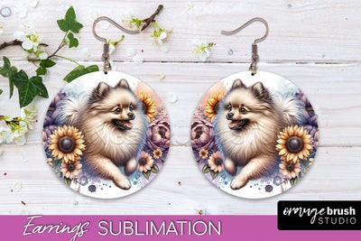 Beige Pomeranian Earrings - Dog Mom Floral Round Earring Sublimation Sublimation OrangeBrushStudio 