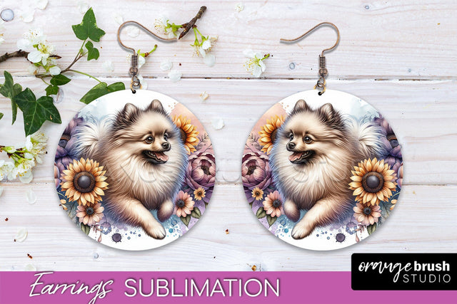 Beige Pomeranian Earrings - Dog Mom Floral Round Earring Sublimation Sublimation OrangeBrushStudio 