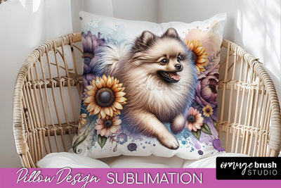Beige Pomeranian Pillow Cover - Dog Mom Floral Pillow Sublimation Sublimation OrangeBrushStudio 