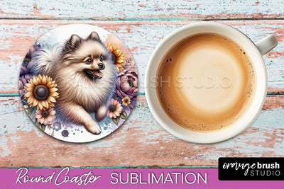 Beige Pomeranian Round Coaster - Dog Mom Floral Coaster Sublimation Sublimation OrangeBrushStudio 