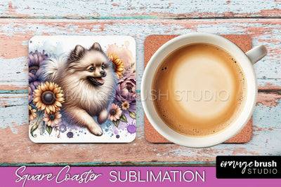 Beige Pomeranian Square Coaster - Dog Mom Floral Coaster Sublimation Sublimation OrangeBrushStudio 