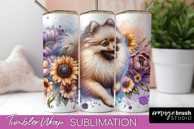 Beige Pomeranian Tumbler Wrap - Dog Mom Floral Tumbler Sublimation Sublimation OrangeBrushStudio 