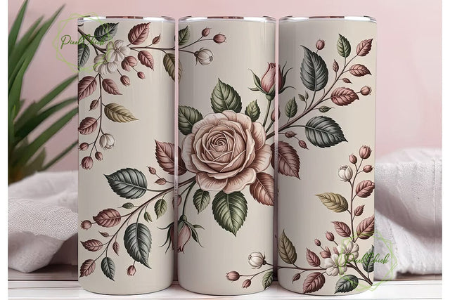 Beige Rose Floral 20oz Tumbler Wrap Sublimation PixelChick 