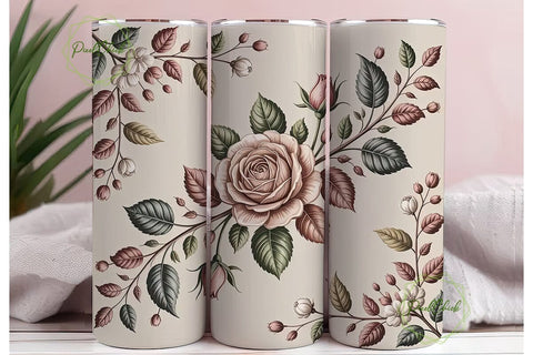Beige Rose Floral 20oz Tumbler Wrap Sublimation PixelChick 
