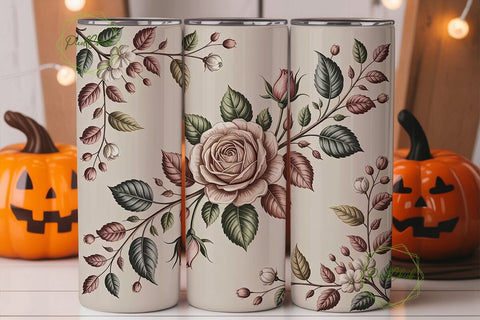 Beige Rose Floral 20oz Tumbler Wrap Sublimation PixelChick 