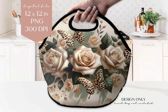 Beige Rose & Leopard Butterfly Lunch Tote Design PNG Sublimation BijouBay 